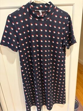 BCBG - ADORABKE! Navy Dot Knit Shift Dress with Red & White Accents.